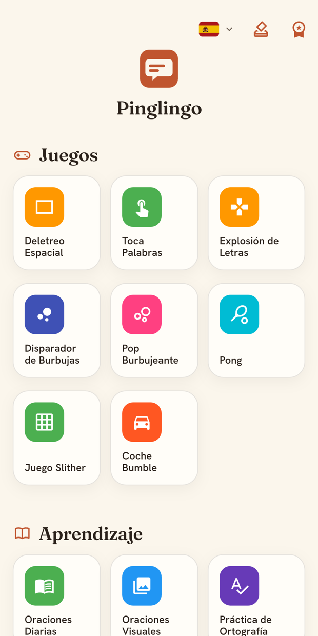 Pinglingo home screen, learning Spanish
