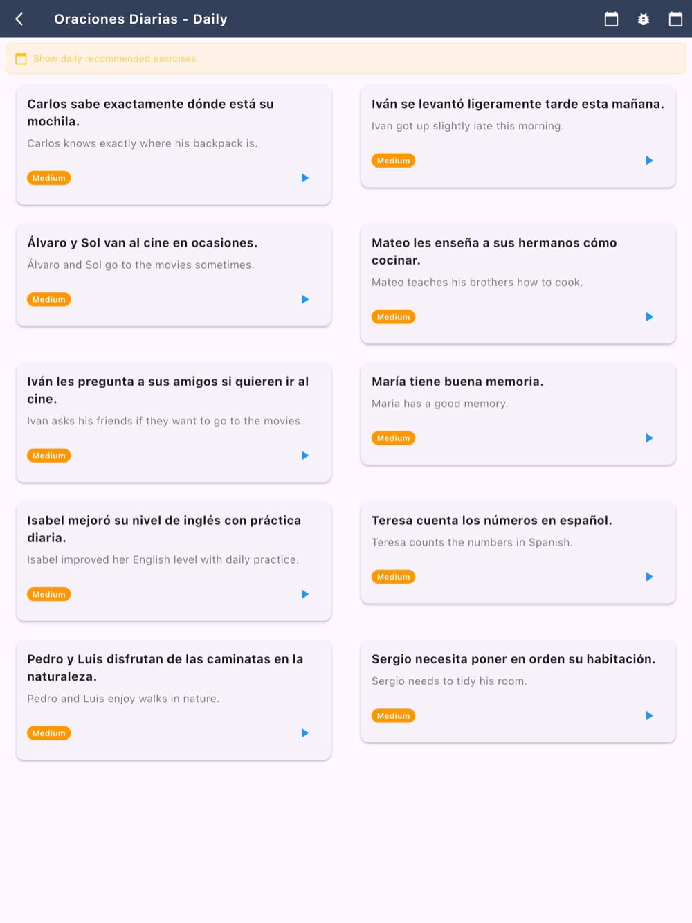 Daily Spanish sentences with English translations on iPad