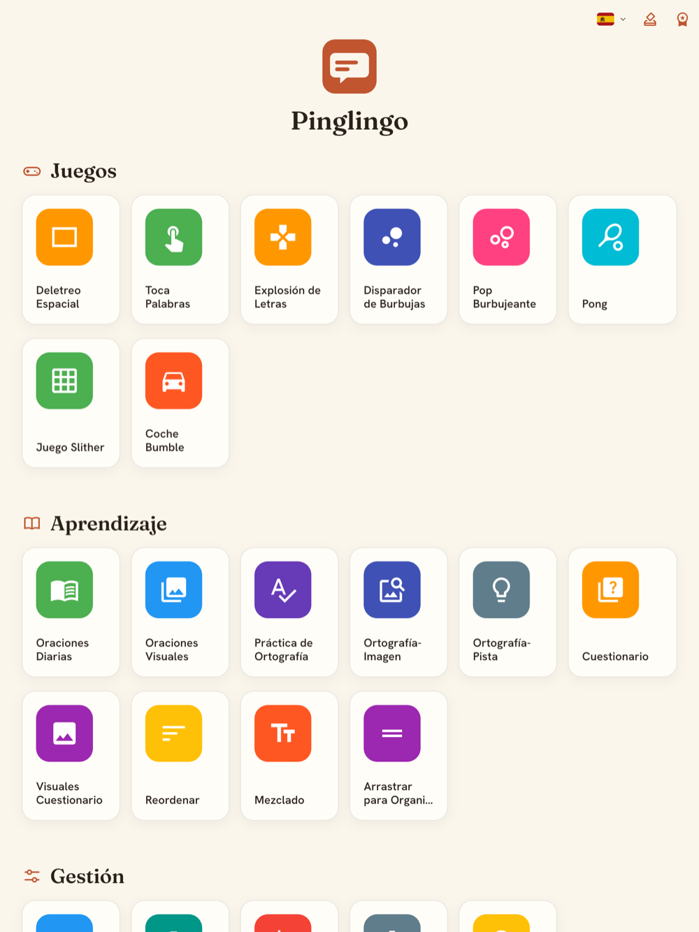 Pinglingo on iPad — games and learning activities in a wide grid