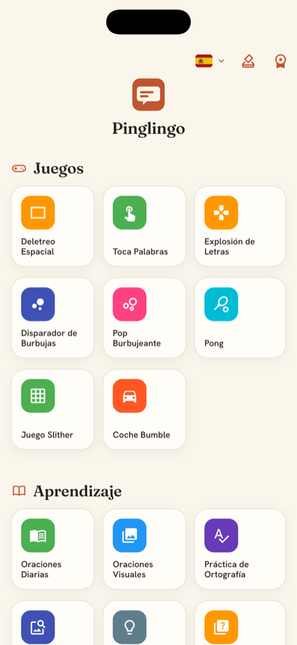 Pinglingo iPhone home — Spanish games and learning activities