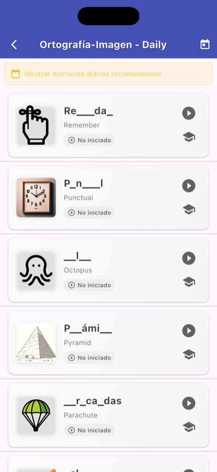 Picture spelling practice for Spanish words on iPhone